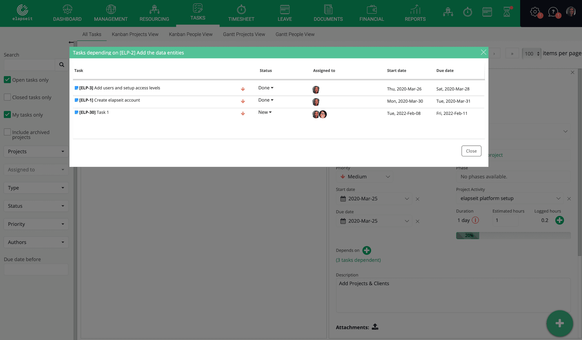 Vizualize dependent tasks in elapseit Tasks module