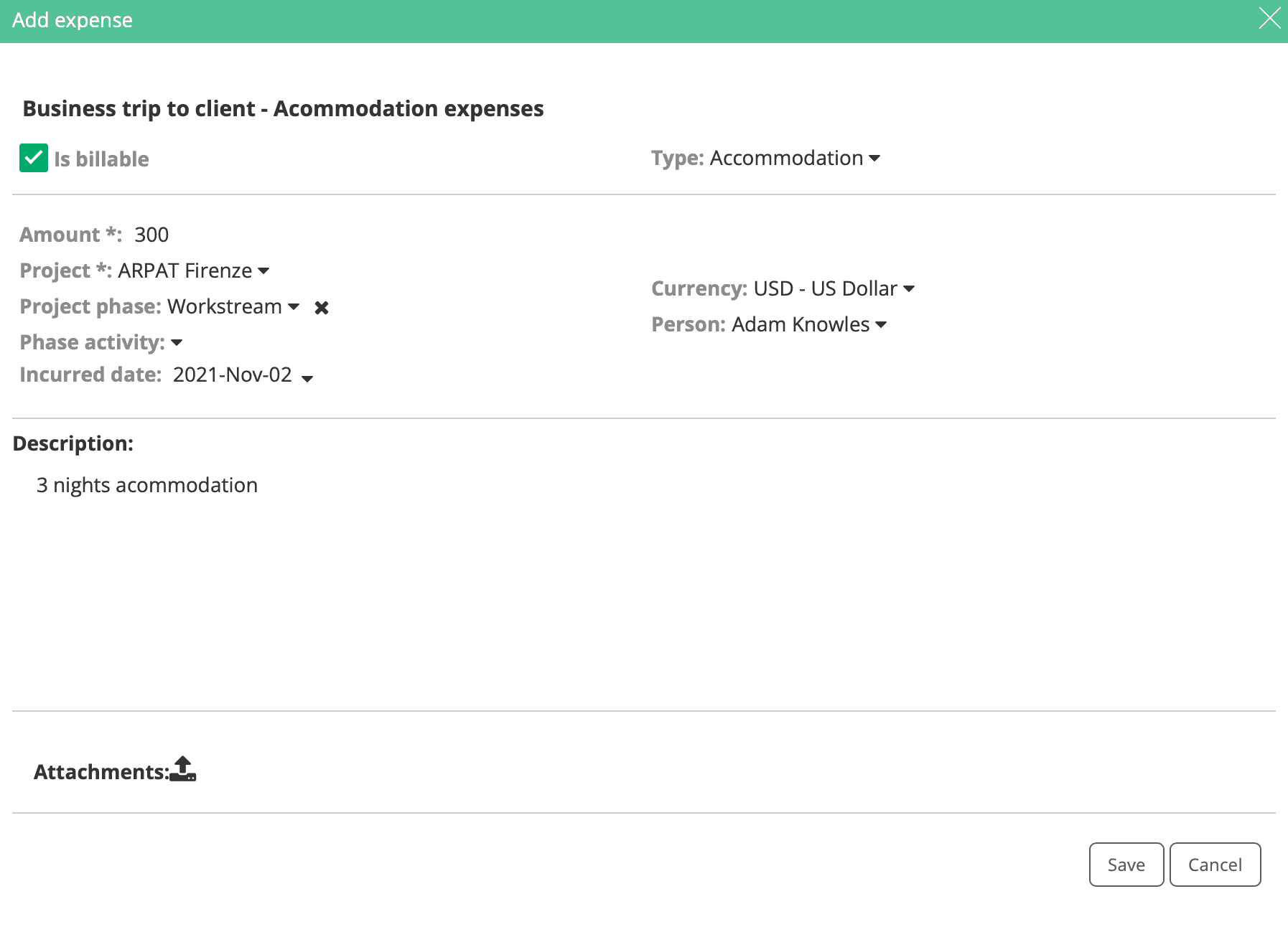 Project related expenses added to the customer's invoice.