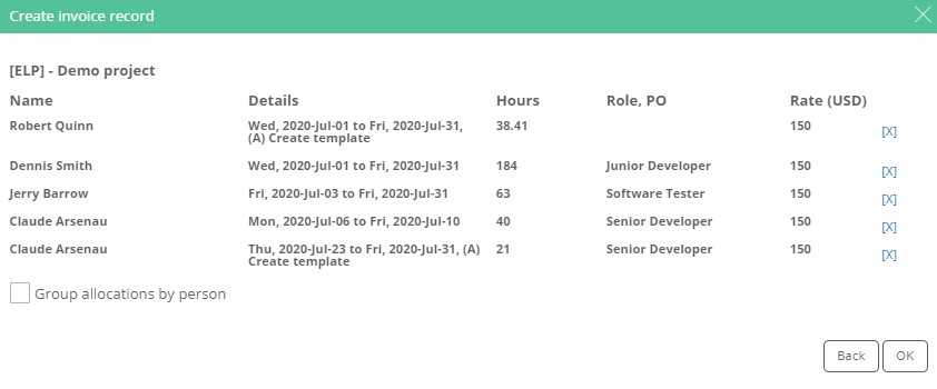 Create an invoice record based on employees allocations on projects.