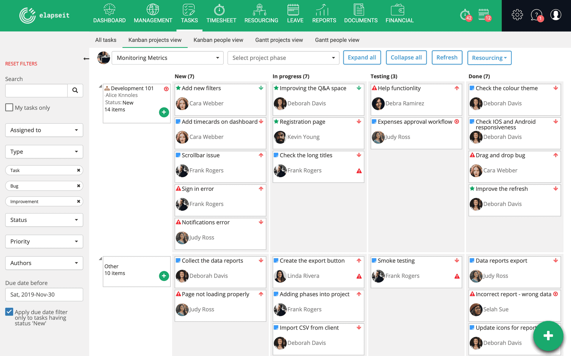 Vista del progetto Kanban in elapseit